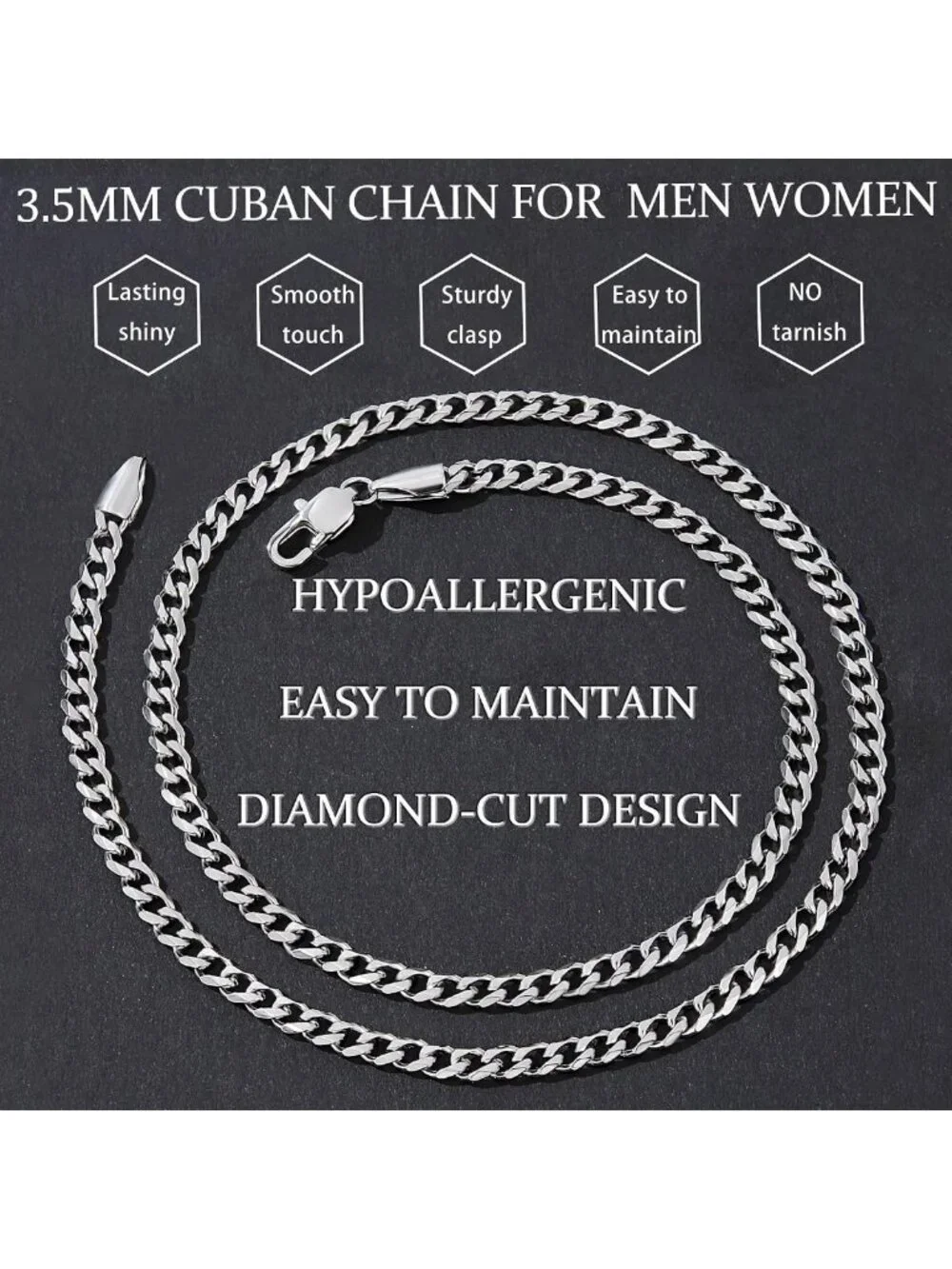 Men's 3.5mm Cuban Link Chain Necklace - Silver, Black & Gold Plated, 16-28 Inch